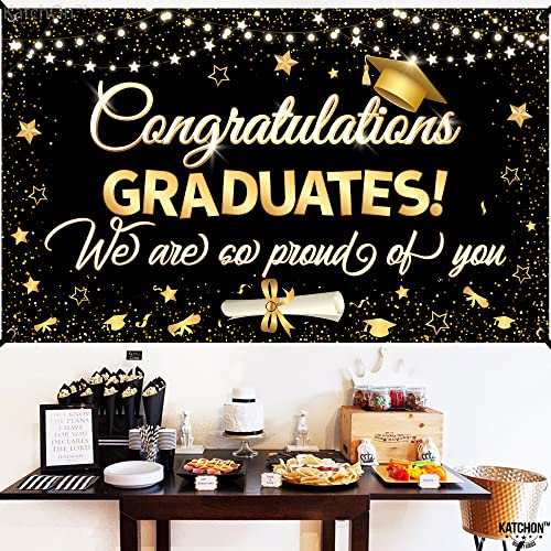 Image of Graduation Decorations 2026 | XtraLarge Congrats Grad Banner - 72x44 Inch, Graduation Banner | Congratulations Backdrop | Black and Gold We are So Proud of You Backdrop Class of 2026, KatchOn