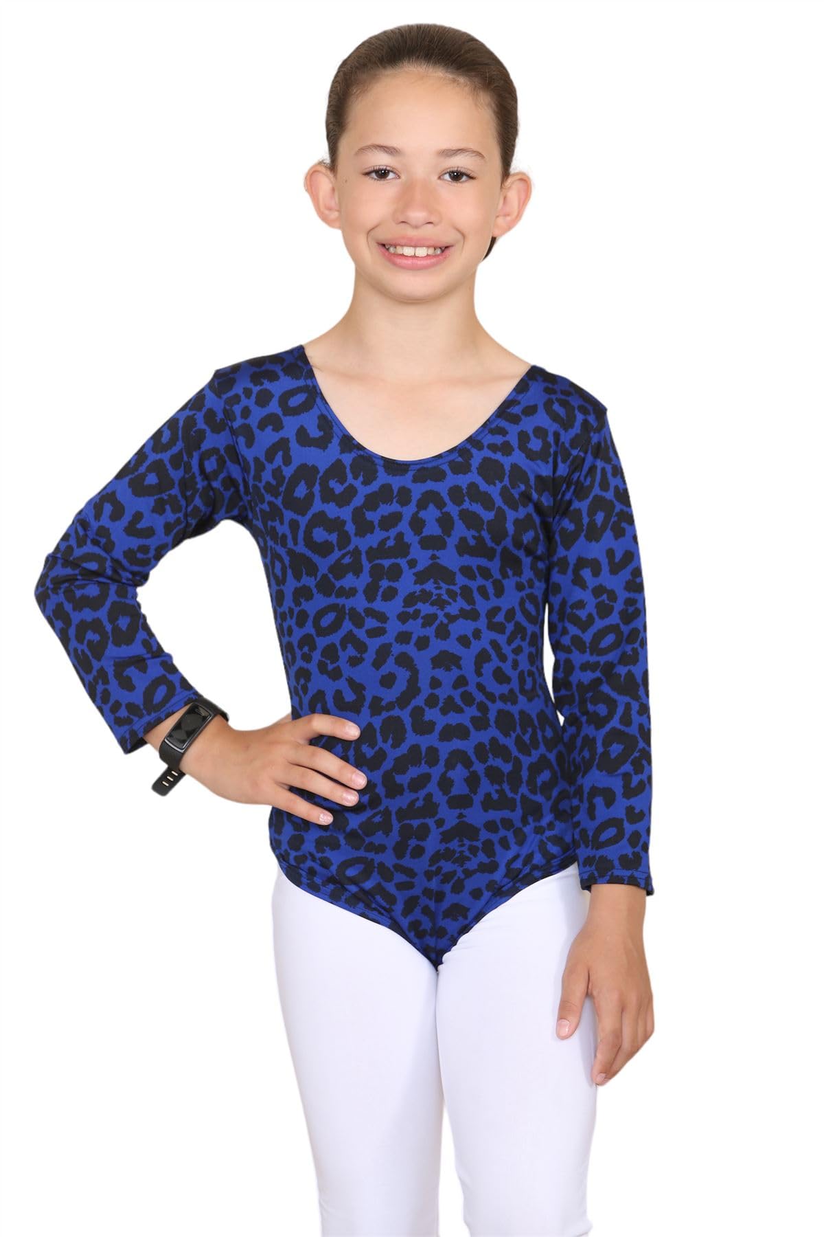 janisramone® Girls Gymnastics Leotards, Long Sleeve Kids Leopard Print Bodysuit, Scoop Neck Stretchy Dance Ballet Leotard for Girls, Soft Microfiber Kids Bodysuit
