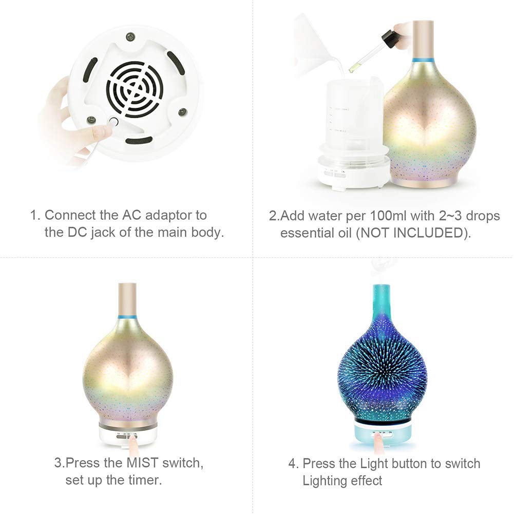 Vankarr Aromadiffuser voor etherische oliën, ultrasone luchtbevochtiger, geurolie geurlampen, aromatherapie, diffuser voor yoga, kantoor, slaapkamer, wit (100 ml