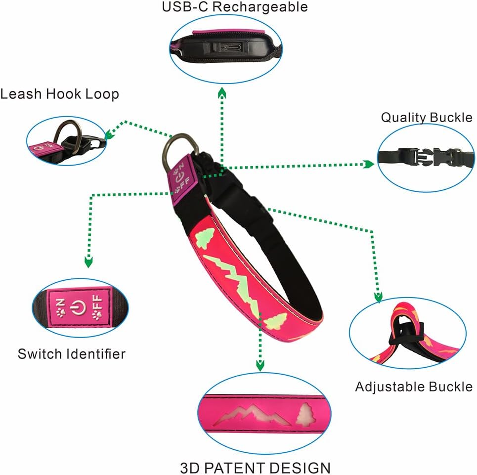 LED Dog Collar, Mountain Tree Pattern, 15 Lighting Modes, Silicone, USB-C Rechargeable, IP65 Waterproof, Night Safety (Purple, L(15.7-19.7"))