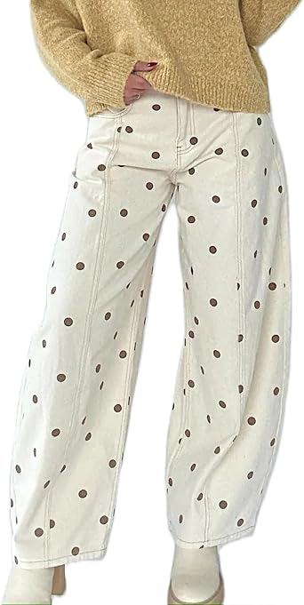 Hulpvktsgiq Women Y2K Polka Dot Barrel Jeans High Waisted Curved Wide Leg Denim Pants Cute Teen Casual Streetwear