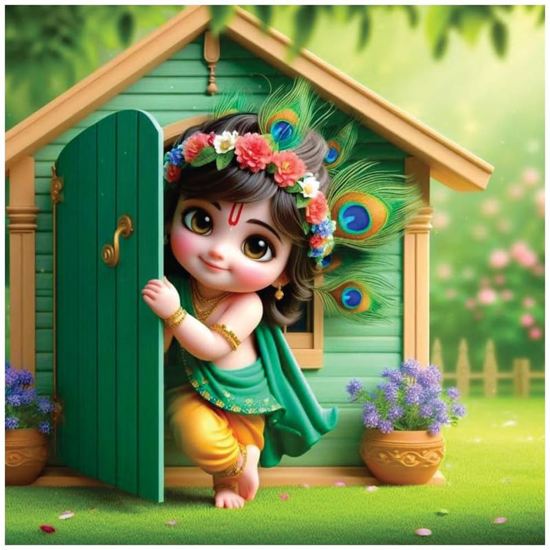 Image of British Terminal Cute little Bal Gopal Baby God Krishna| Kanha Ji | Laddu Lord Makhan Chor Painting Religious Poster for Pregnant Women for wall (matt thin vinyl,sticker,multicolor,unframed)| bj137