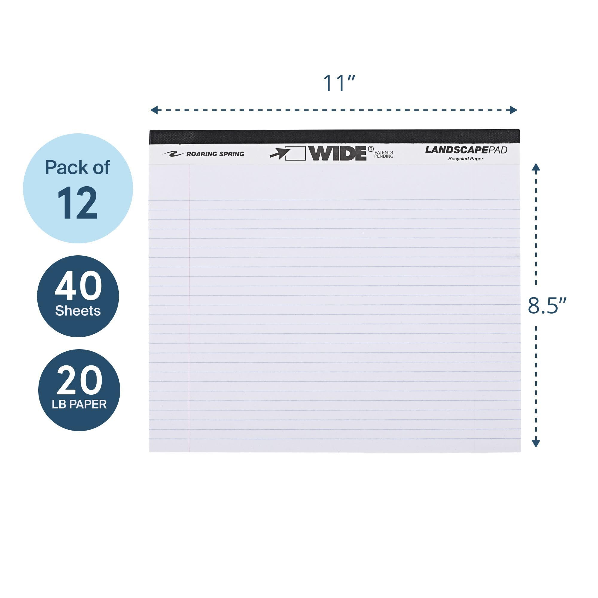 ROARING SPRING Ampio blocco legale orizzontale, bianco, 12 blocchi, 28 x 24,1 cm, a righe universitarie con margine, carta riciclata 9,1 kg, 40 fogli perforati, prodotto negli Stati Uniti