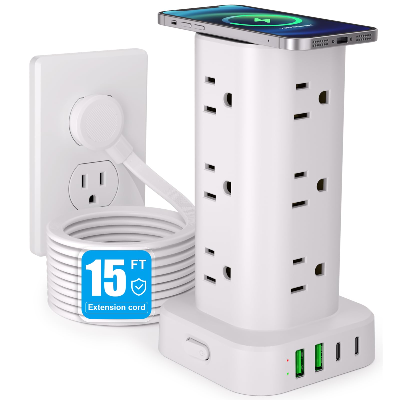 Power Strip Tower with Wireless Charger, Flat Plug Surge Protector Tower with 15FT Extension Cord, 12 AC Multiple Outlets, 4 USB (2 USB C),15W Wireless Charging Power Tower for Home Office Dorm,White White 15FT with Wireless Charging