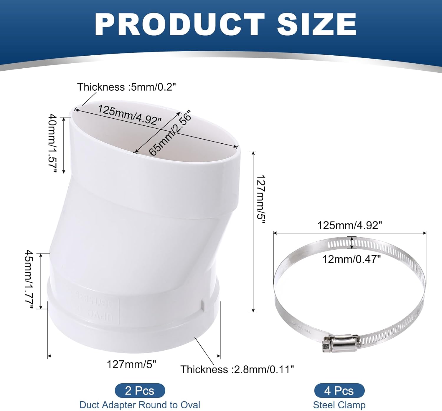 patikil duct adapter round to oval, 2 pcs 4" oval recessed dryer vent hose connector adapter with stainless steel clamp for air exhaust ventilation systems, white