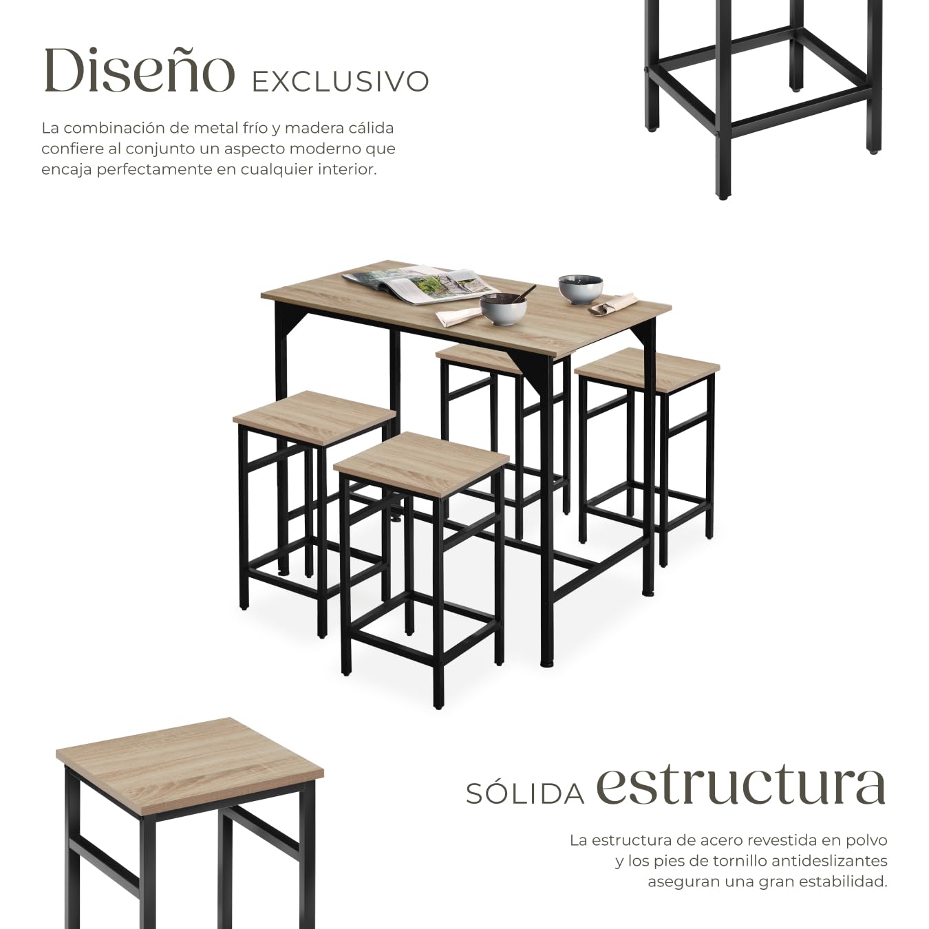 tectake® Mesa Alta de Bar con 4 Taburetes, Mueble de Cocina Estilo Industrial, Diseño Comedor y Mesa Cocina, Muebles de Salon, Taburete - 100 x 124 x 88,5 cm Madera Industrial Clara, Roble Sonoma