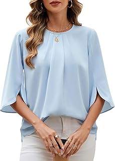 Camiseta Mujer con Cuello Redondo Volantes Elegante Blusa de Manga 3/4 Verano Camisa Suelto Basic Tops Casual de Color Sólido