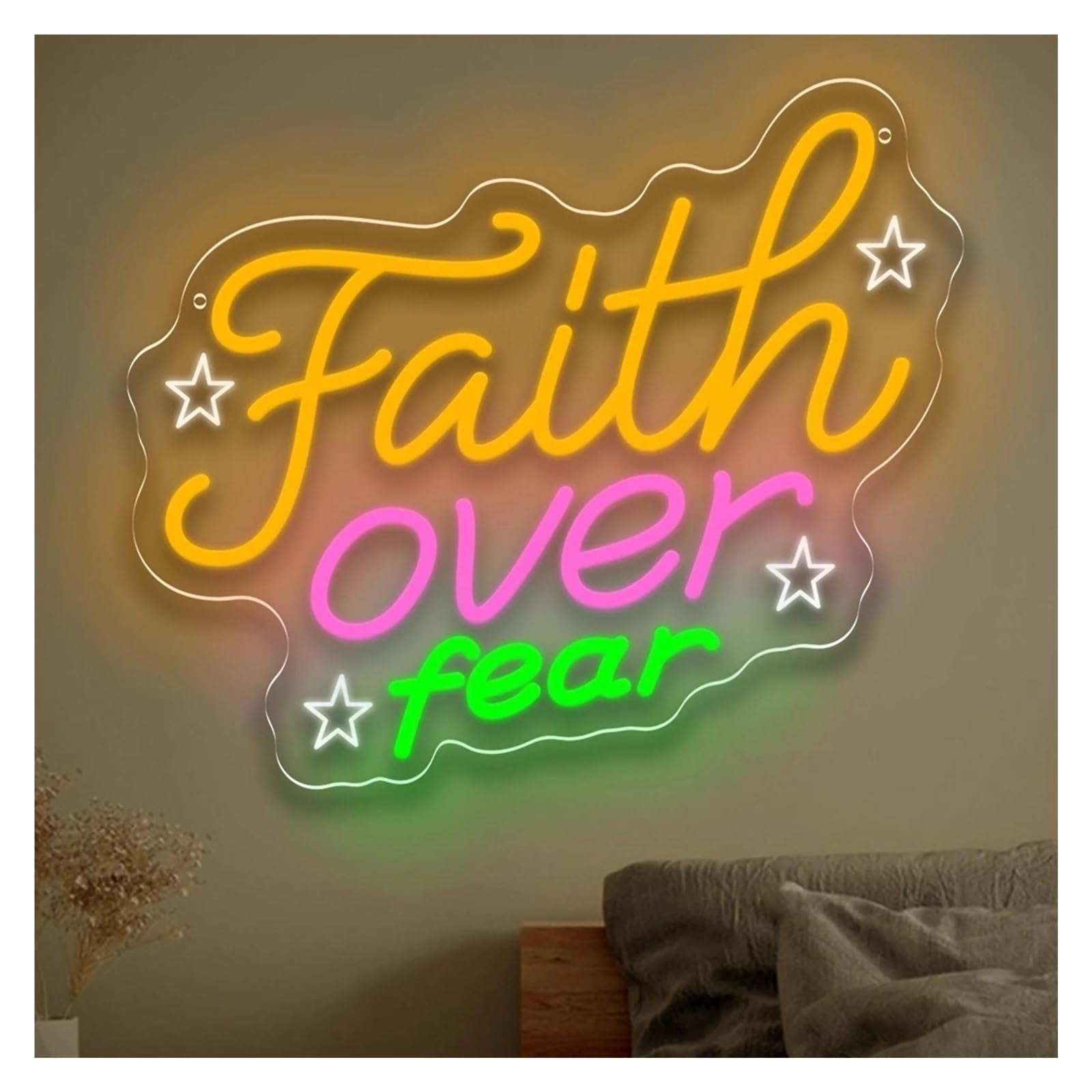 RONGCH Hanging Art Signs Faith Over Fear Neon Sign Acrylic LED Light for Bedroom Pub Home Beer Bar Party Wall Decor Dimmable 37x31.3cm
