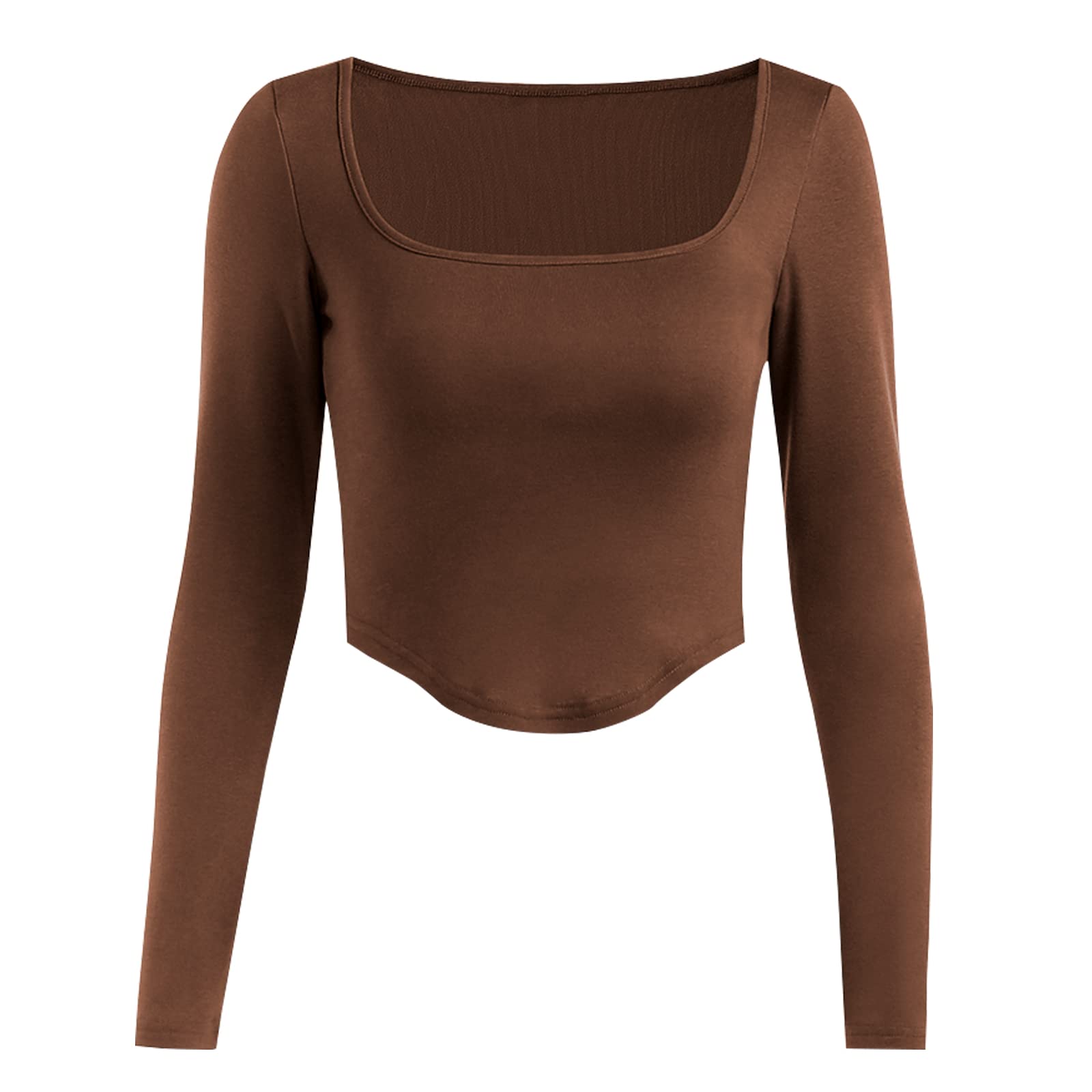 ACOSAP Women's Sexy Cropped T-Shirt Long Sleeve Square Neck Slim Fitted Casual Basic Bodycon Crop Top