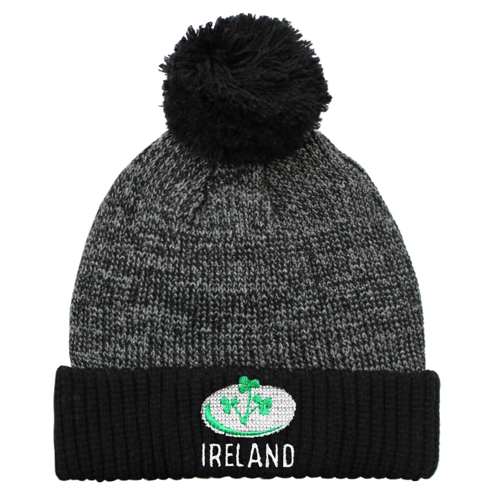 TeddyT's Boy's Ireland Shamrock Rugby Ball Grey Knitted Bobble Hat (4-10 Years)