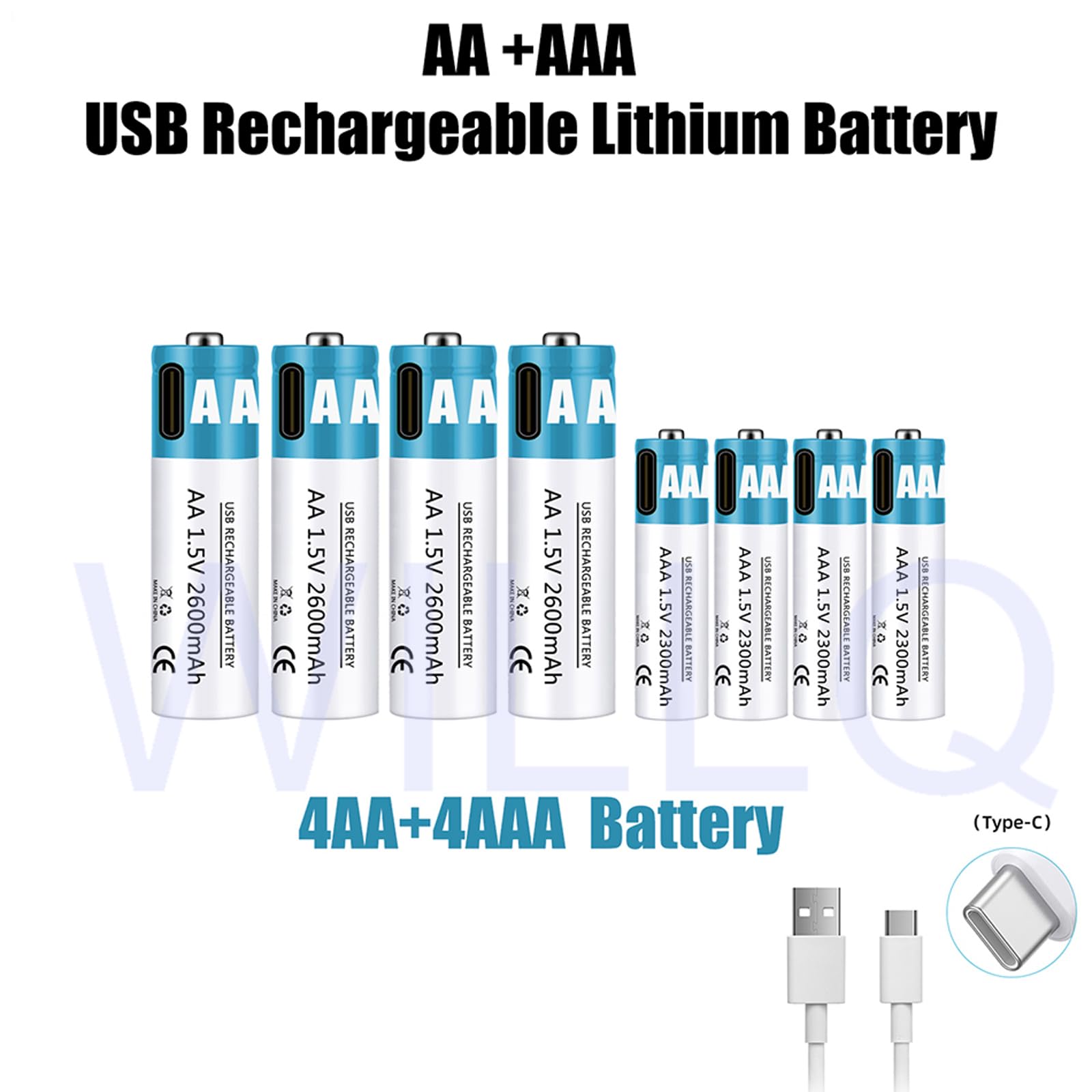 Baterías Recargables AA+AAA 1,5 V 2600 mAh + 2300 mAh batería de Iones de Litio de Alto Rendimiento Carga rápida USB-C (con Cable) para Juguetes/teclados,2600mah+2300mah,4pcs