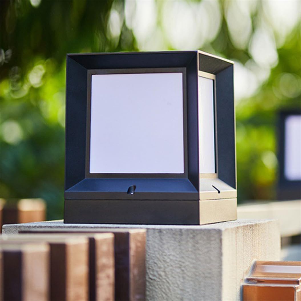 HCIPJQY Minimalist Solar Powered Deck Pillar Lamp Fixture Square White Acrylic Solar Post Light Contemporary Column Lighting for Garden Patio Yard Pathway Driveway,Matte Black Finish