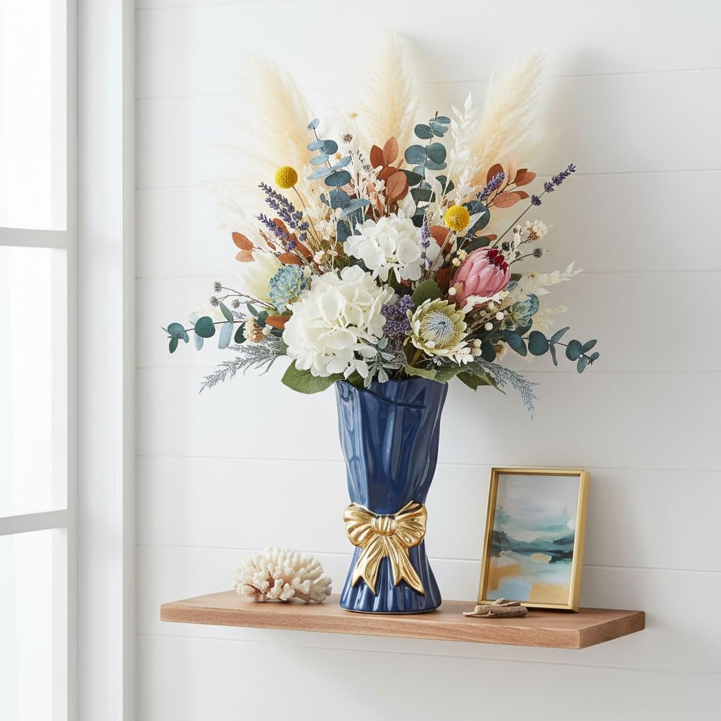 Ceramic Bow Vase,Blue Gold Coquette Girly Bouquet Vase Aesthetic, 9.4 in Tall Wide Mouth Floral Vases for Fresh/Dried/Faux Flowers,Cute Home Decor for Home Living Room Table Shelf,for Mom Women