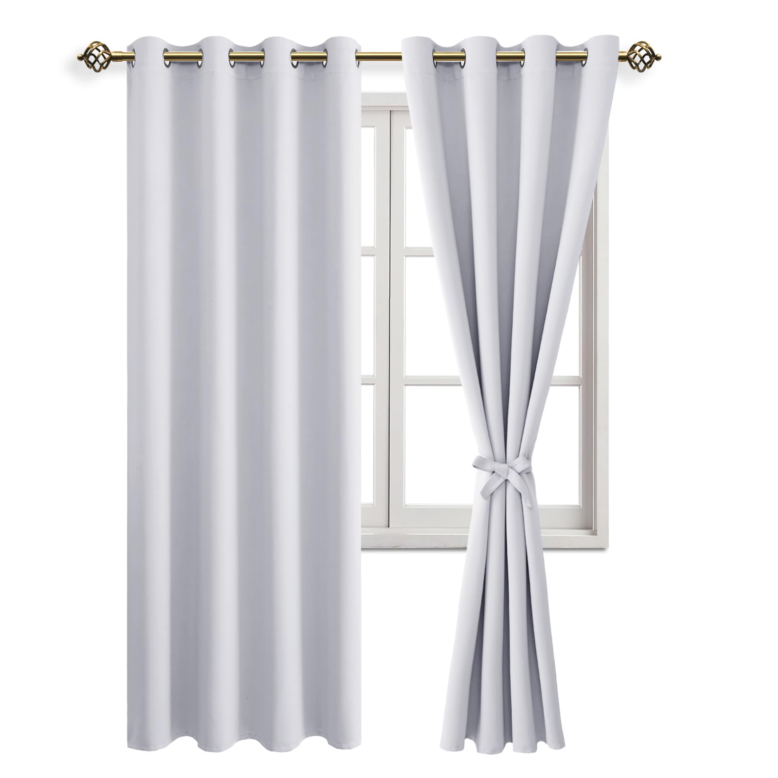 JIUZHEN Opaque Blackout Curtain with Curtain Ties Curtains Eyelet Curtain for Bedroom Living Room Grey White Pack of 2 215 x 132 cm (H x W)
