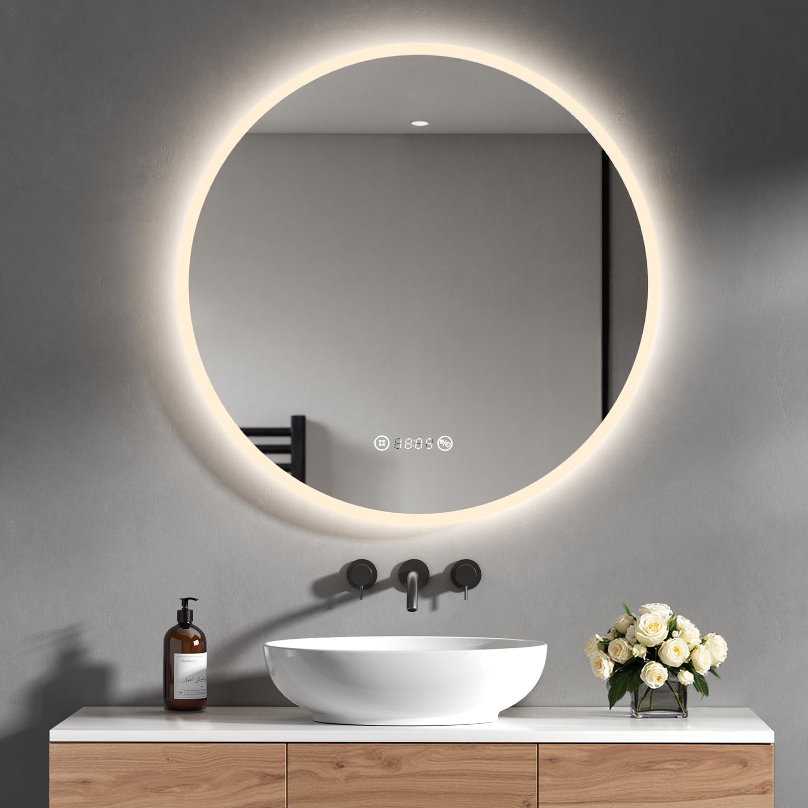Heilmetz Badspiegel mit Beleuchtung Rund 70cm, LED Badezimmerspiegel mit Uhr, Antibeschlag, Touch, 4300K Warmweiß Licht, Spiegel mit Beleuchtung für Bad