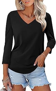 Women's V Neck T Shirts 3/4 Sleeve Blouse Summer Tops Dressy Casual Solid Basic Tees