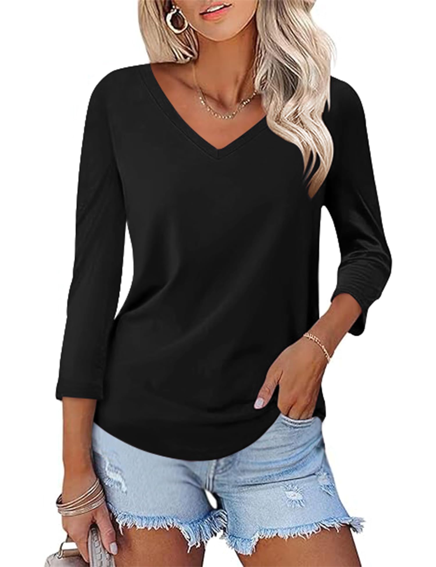 KTILG Women's V Neck T Shirts 3/4 Sleeve Blouse Summer Tops Dressy Casual Solid Basic Tees