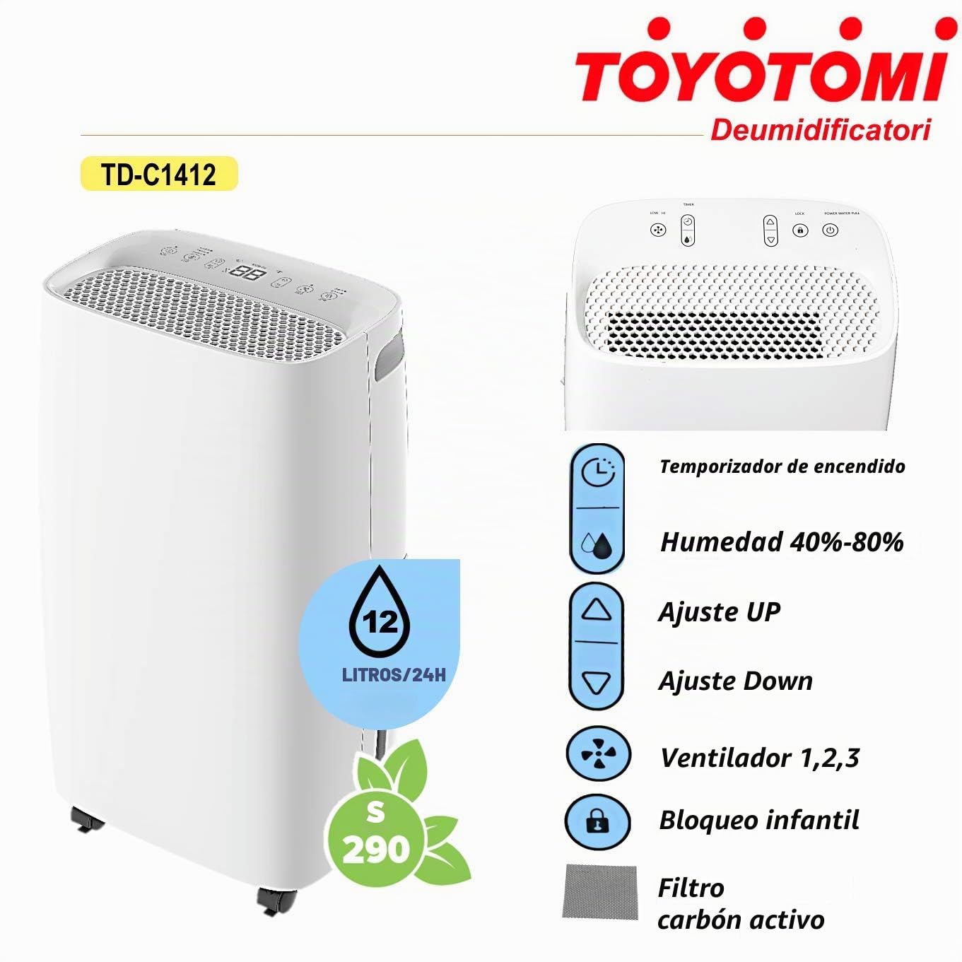 Toyotomi |TD-C1412 Deshumidificador antimoho, excelencia japonesa, 12 litros por 24 horas, filtro de carbón activado y ruedas