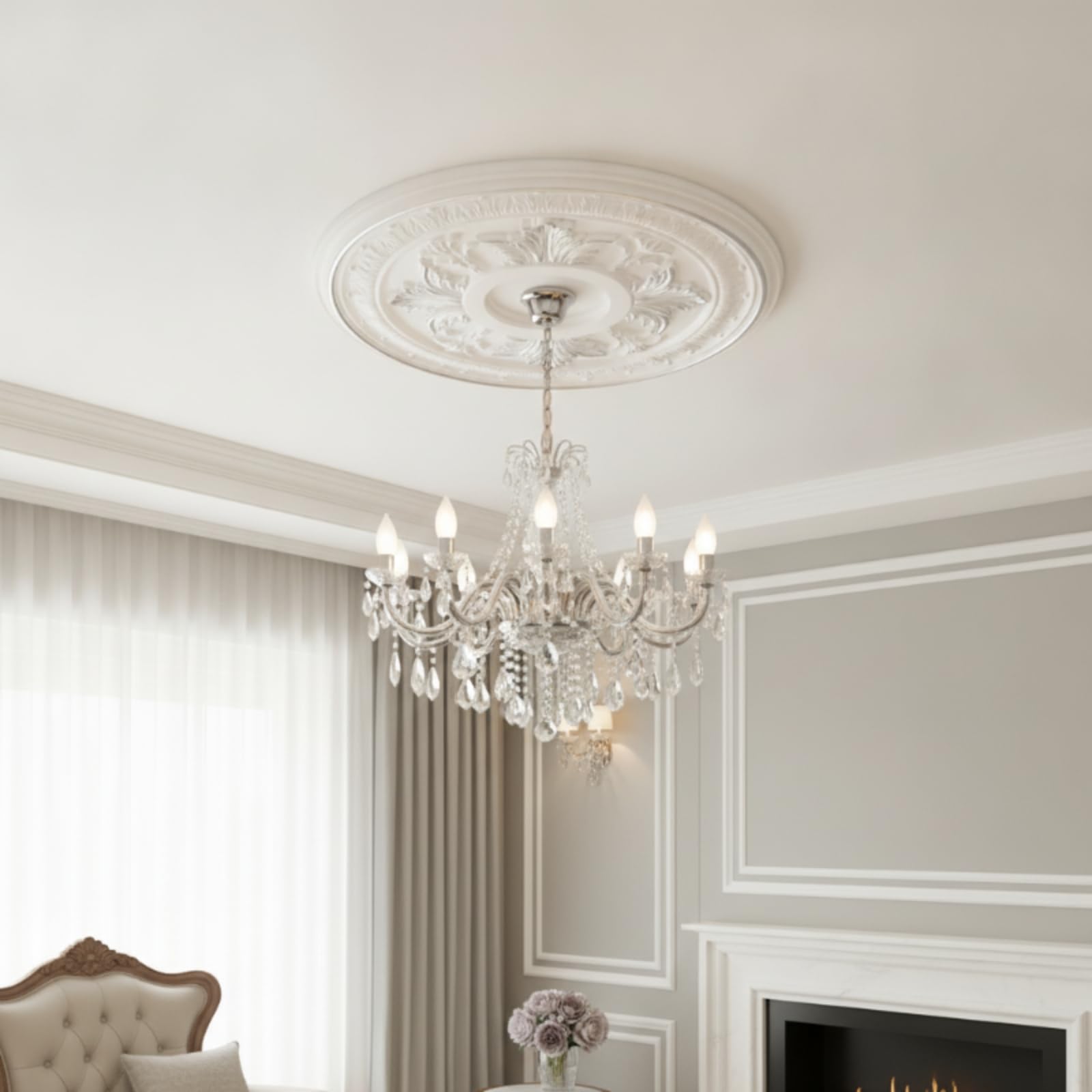 Rosone da Soffitto in Rilievo Placca Floreale Decorazione per Installatori, Grande, Bianco
