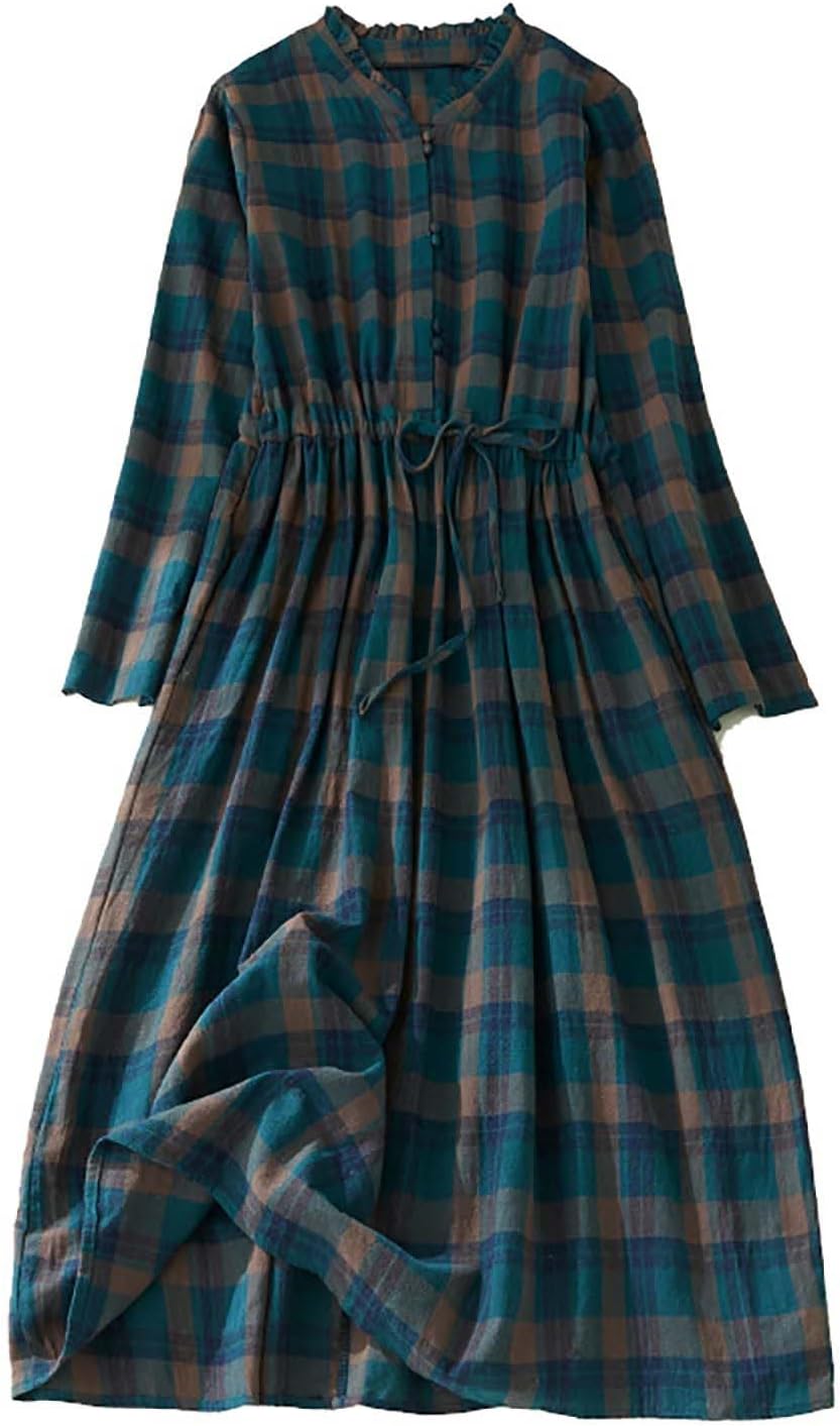 Retro Plaid Midi Dress for Women Cotton Linen High Waist Lace Up Button Dresses Casual Loose Flowy Vintage Dress