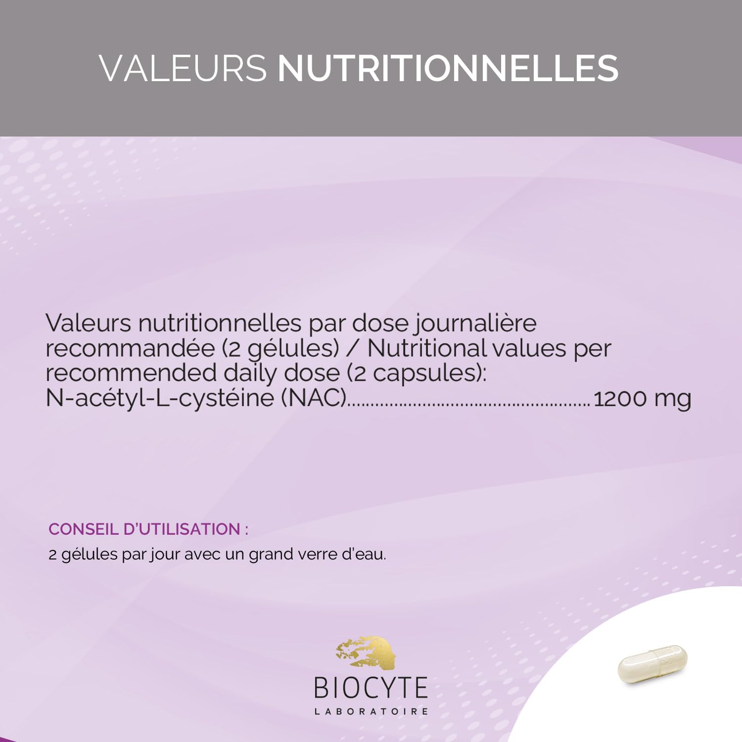 BIOCYTE NAC 1200 mg Dosage Optimal - Anti-oxydant, Synthèse du Gluthation - N-acétyl L-cystéine 1200 mg - Complément alimentaire 60 gélules - Végétalien, Fabriqué en France