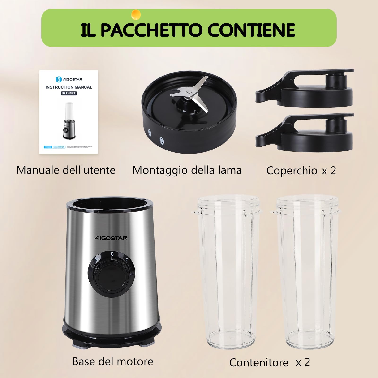 Aigostar Frullatore Portatile, Frullatore Elettrico con borraccia da 2 * 800ml BPA FREE, 2 Velocità e Pulse, 4 Lame Inox, 600W, per Frullati, Trita Ghiaccio e Frutta Congelata. Nero, Baron.