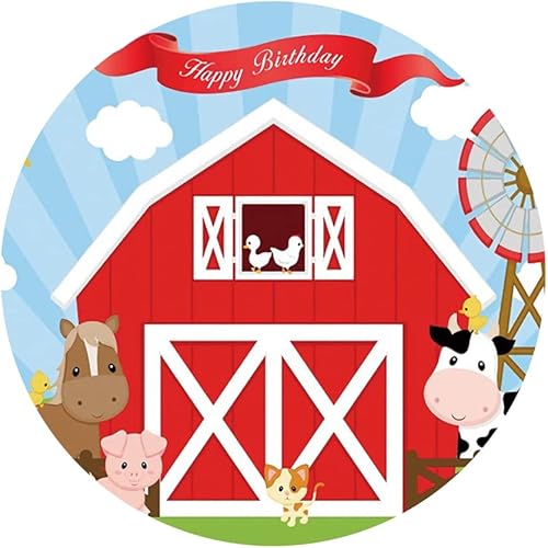 Miniatura 3 de Yeele Fondos redondos de granja de 6.5 x 6.5 pies para decoración de fiesta de cumpleaños de niños, animales de granja rojos, fondo de fotografía de