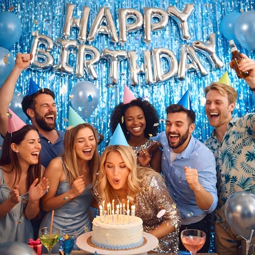 Image of Pool Party Decorations - Blue Tinsel Streamers Backdrop Banner | Summer Party Favors Supplies Indoor Outdoor - Ocean Themed Party Decorations for Beach Sea Water Blue Birthday,2 Pack