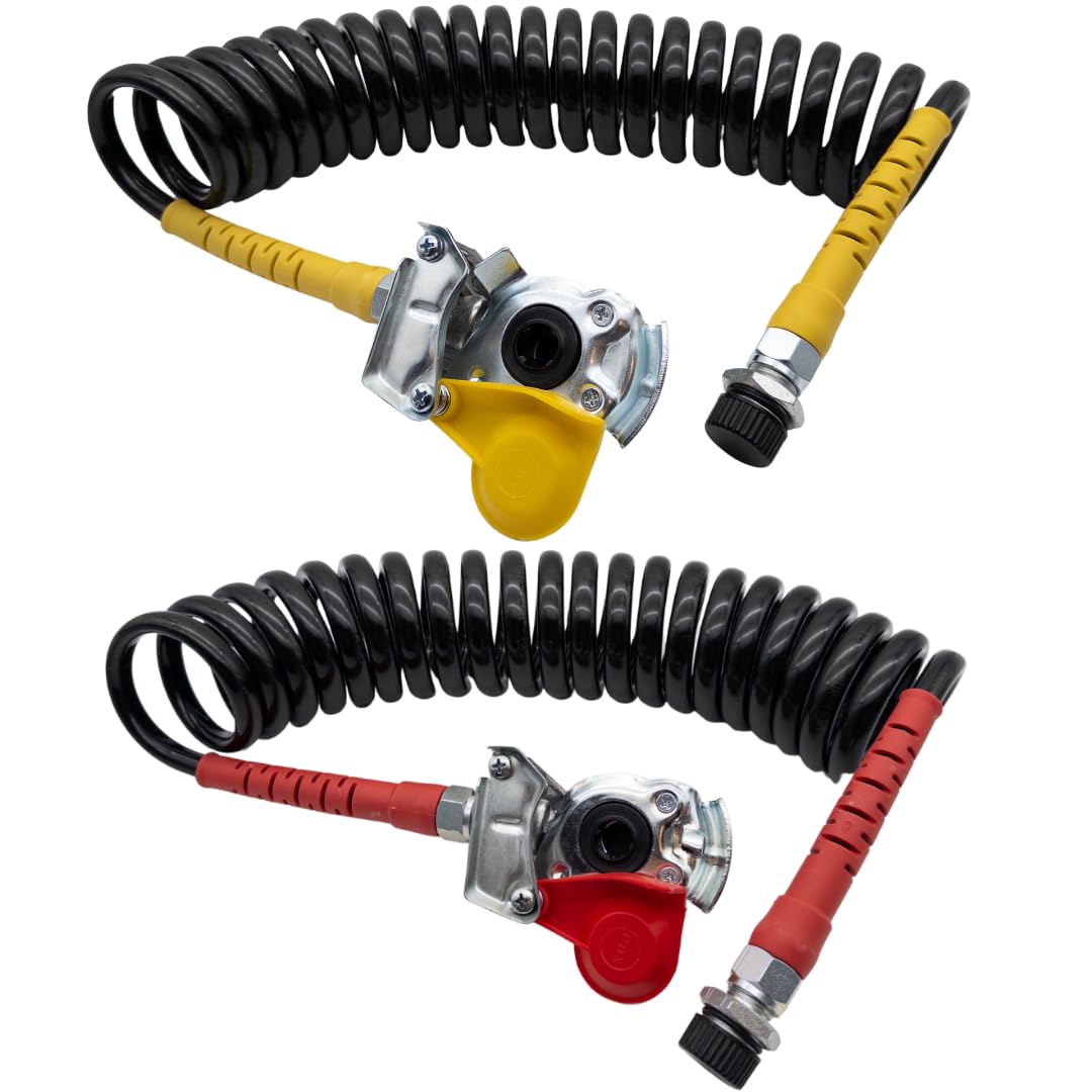 M22 - Bobina de aire comprimido, manguera en espiral M22 amarillo y rojo con cabezal de embrague M22 rojo con válvula, cabezal de embrague M22 amarillo con válvula, reserva/freno, para