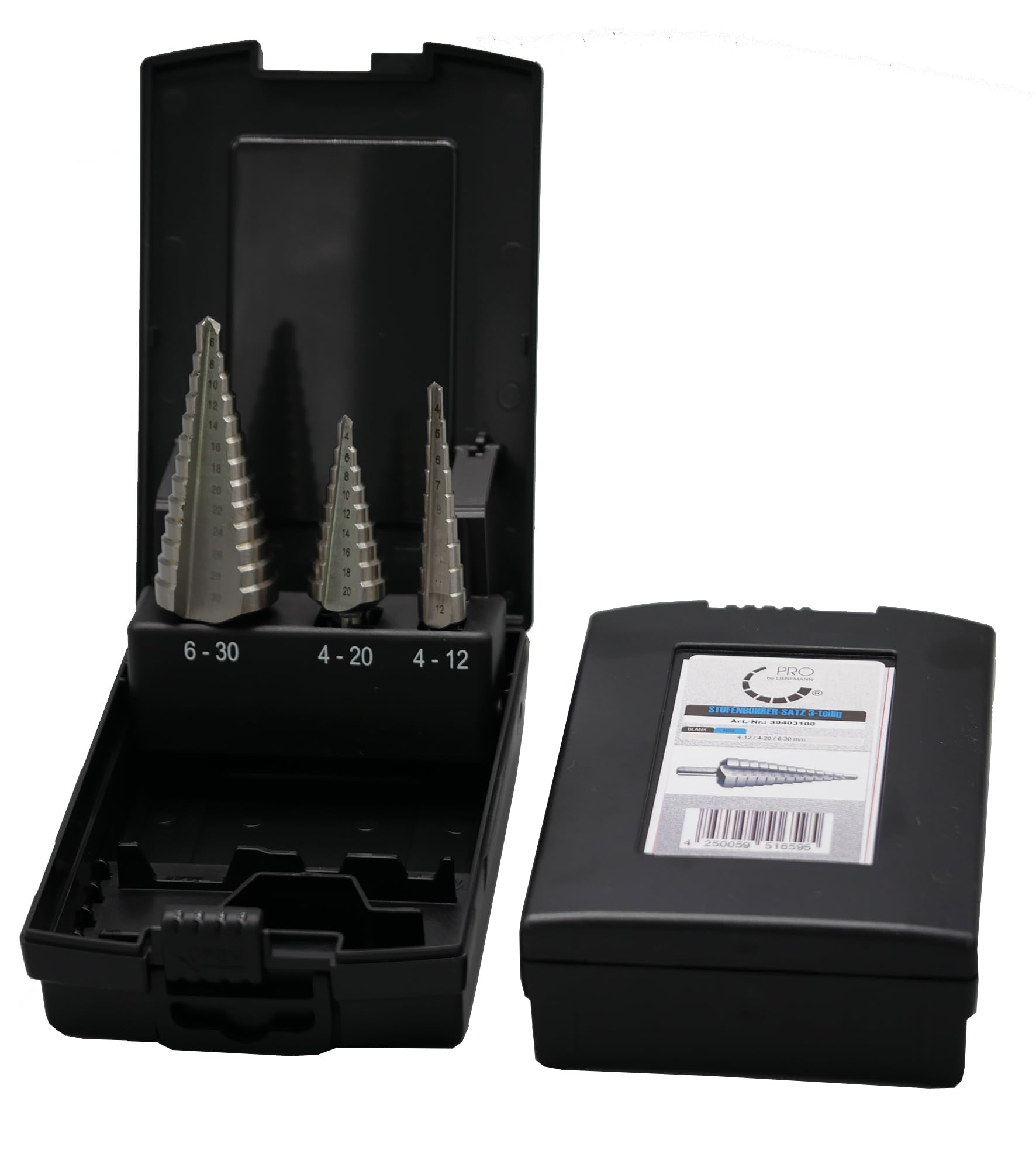 Stufenbohrer HSSG gerade genutet | Stufenbohrer Set in Rose-Kunststoffbox in 4-12mm / 4-20mm / 6-30mm | Stufenbohrersatz Art. Nr. 39403100