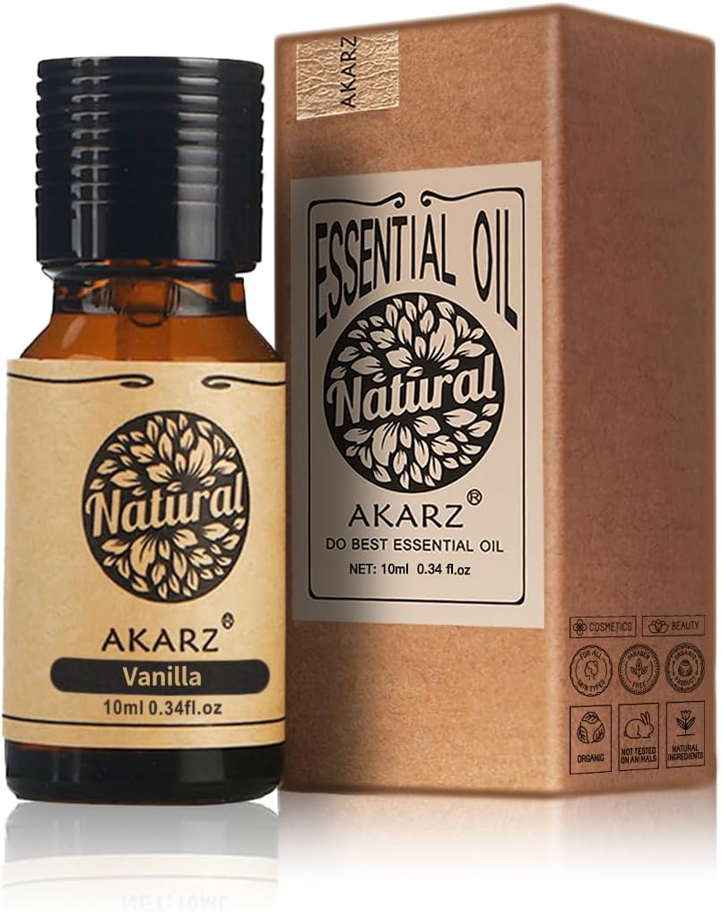 AKARZ Vanille Essentiële Olie Natuurlijke Biologische Pure Premium Therapeutische Vanille Olie voor Huid Lichaam Haarverzorging, Diffuser, Kaars, Zeep, Maken, DIY, Massage Aroma 0.34 Fl Oz (10ml)