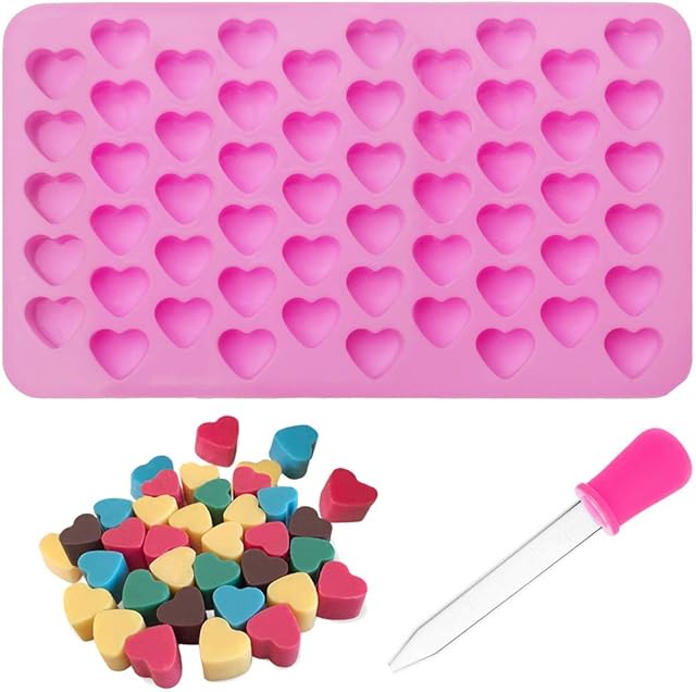 Silicone Moulds for Wax Melts, Wax Melt Moulds Silicone with Dropper 55 Heart Mould Sweet Moulds Silicone Mini Candy Molds Silicone Shape for Love Chocolate Soap Ice Cube Tray Jelly Melts Gummy DIY