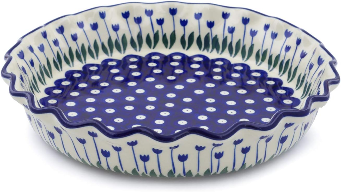 Polmedia Polish Pottery Fluted Pie Dish - Blue Tulip Peacock Pattern Handmade in Boleslawiec Poland by Ceramika Artystyczna + Certificate of Authenticity