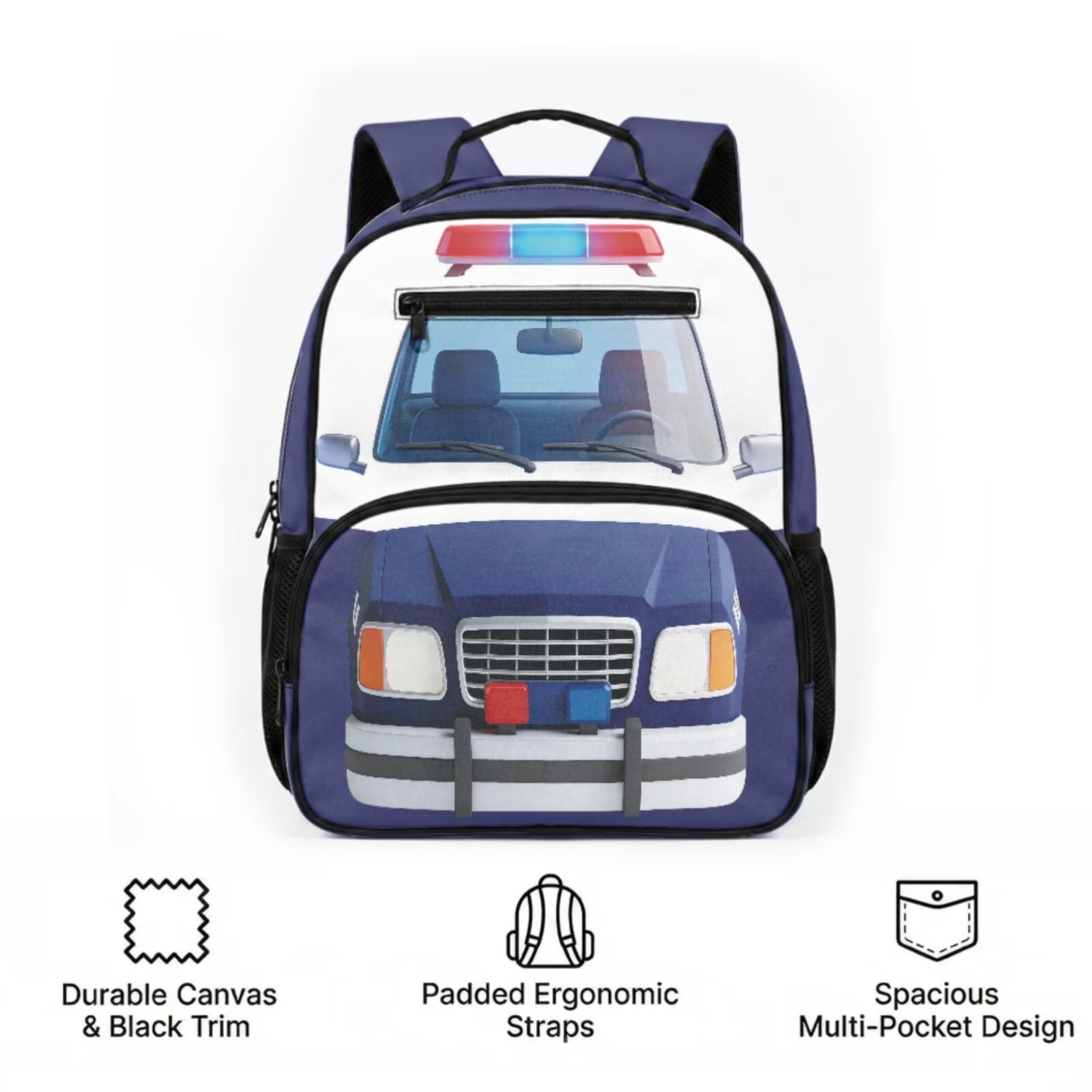 COEQINE Ensemble sac à dos et boîte à déjeuner pour enfants Sac à dos personnalisé sur le thème de la voiture pour tout-petits garçons de 4 à 10 ans, cartable maternelle, Voiture de police bleu blanc