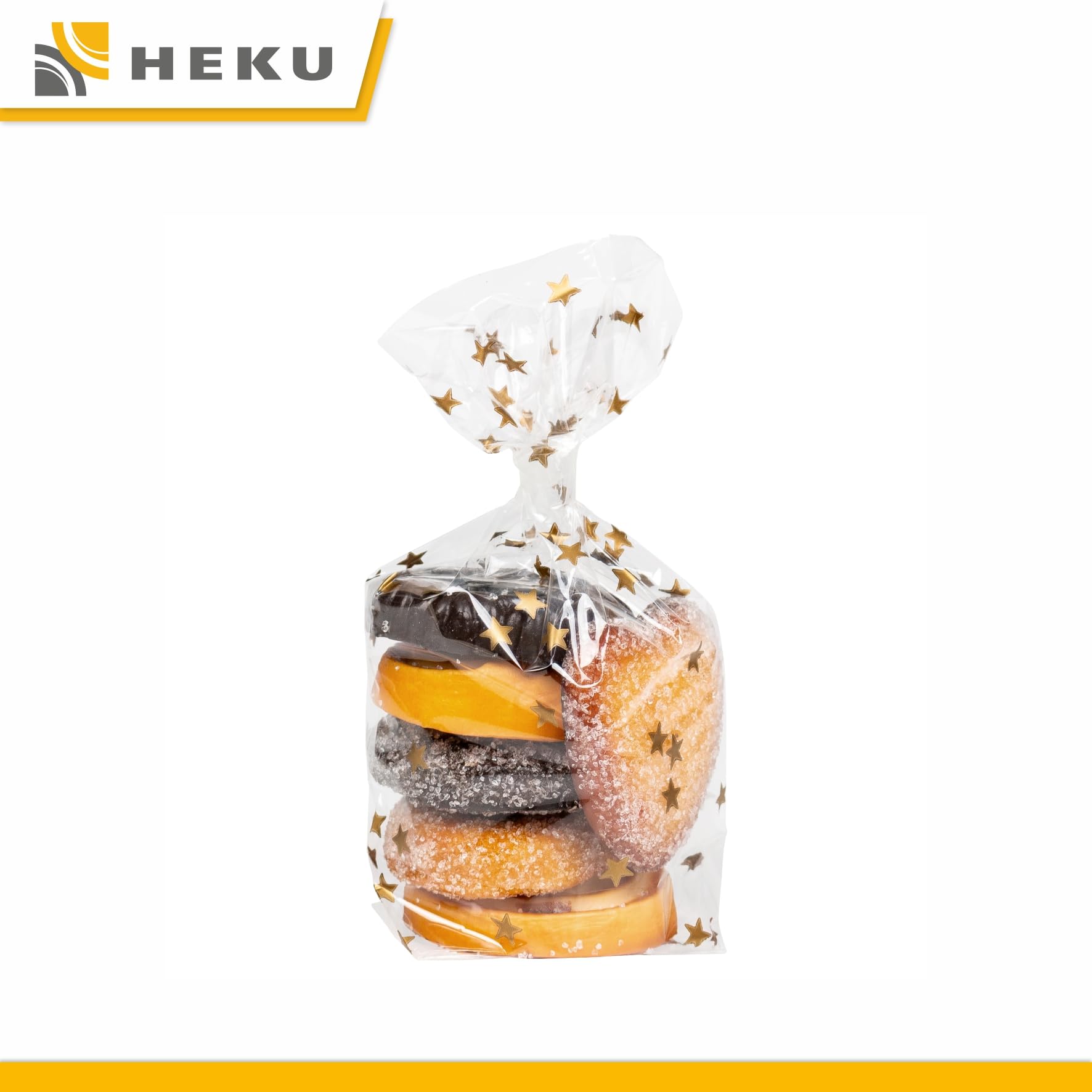 HEKU 1000er Packung Transparente Bodenbeutel mit goldenen Sternen 160x95x35mm I Stabiler Kreuzboden I Reißfestes Polypropylen Material I Ideal für Weihnachten & selbstgebackene Plätzchen