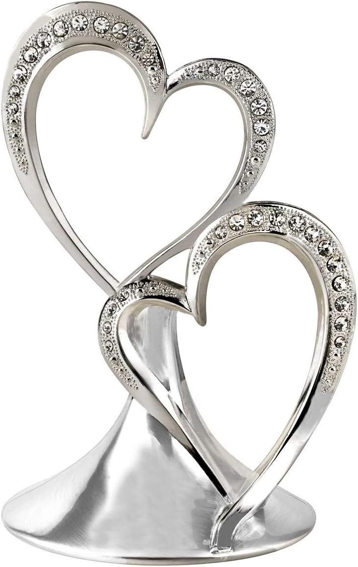 Wedding Cake Topper, Sparkling Love Interlocking Double Hearts, Engagement, Anniversary, Bridal Shower, 5.5-Inches, Metal with Rhinestones, Silver