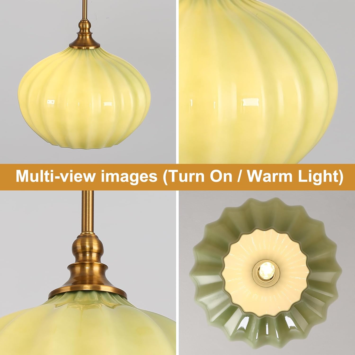 Green Glass Pendant Light, 11.8in Pendant Lights Kitchen Island, Schoolhouse Hanging Lighting Chandelier for Kitchen Island Dining Room Bedroom, Thick-Ribbed Green & Antique Gold 1 Pack