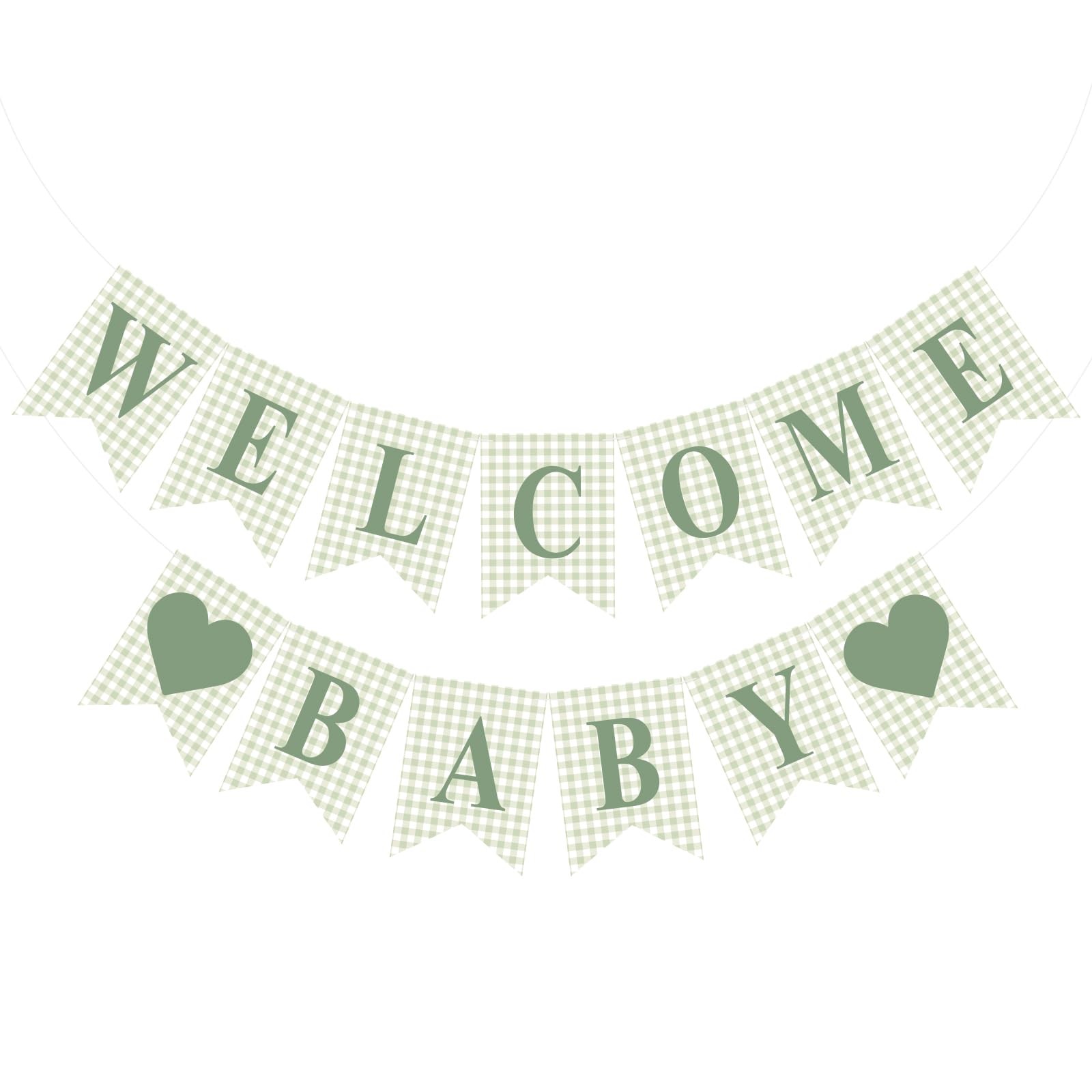 1 Pcs Sage Green Gingham Welcome Baby Banner for Party Decorations Green Pre Strung Baby Shower Welcome Gender Reveal Paper Banner for Table, Wall or Mantel Display Party Decor Supplies