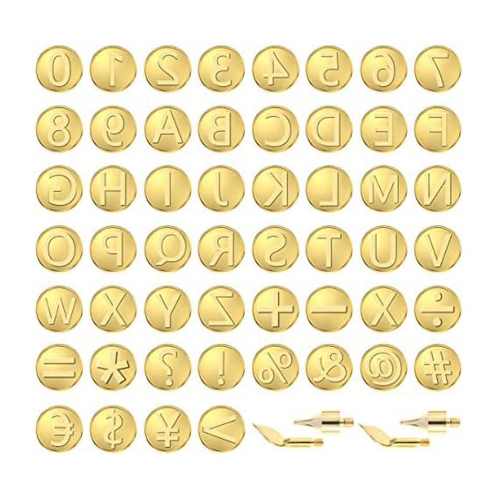 56 Pièces Ensemble de Pointes de Combustion du Bois Lettre Outil de Combustion du Bois Comprenant L'Alphabet en Laiton Doré pour Bricolage Gaufrage Sculpture Artisanat Combustion du Bois