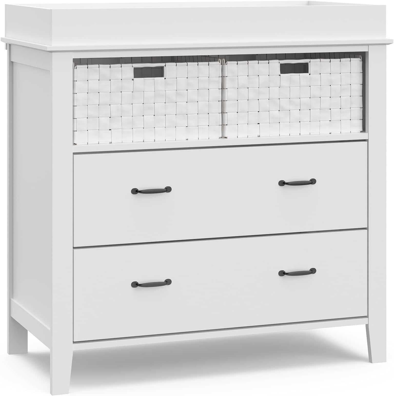 STORKCRAFTForrest 2 Drawer Changing Table Chest with Baskets, Attached Changing Topper Fits Standard Size Changing Pad, 2 Drawers and 2 Open Shelves, White