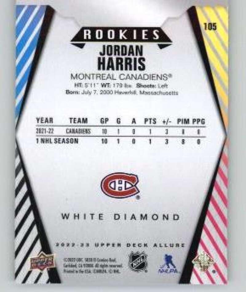 Miniatura 2 de 2022-23 Upper Deck Allure White Diamond #105 Jordan Harris RC Rookie Montreal Canadiens NHL Hockey Trading Card