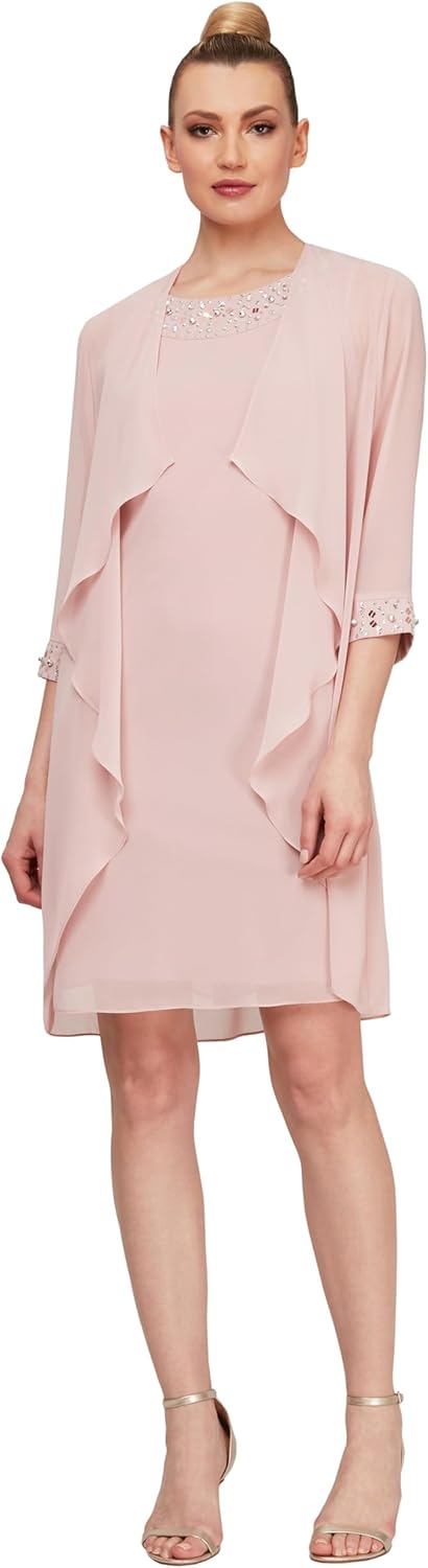 S.L. Fashions Women's Chiffon Tier Jacket Dress with Beaded Neck and Cuffs