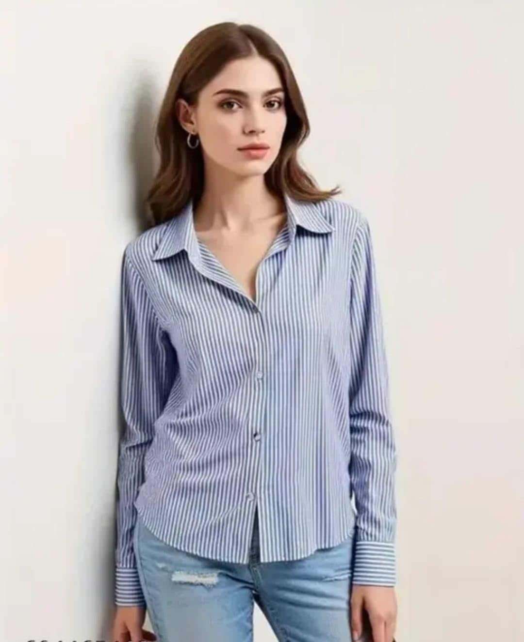 Women's Striped Button-Down Shirt, 3/4 Sleeve, Collared, Formal Office Wear-picture-26