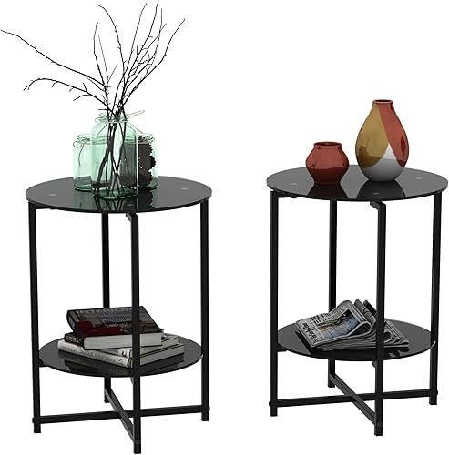 Juego de 2 mesas auxiliares redondas de cristal para sala de estar, mesas auxiliares de sofá negro Mordern con almacenamiento, mesa de esquina