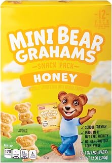 Benton Mini Bear Honey Grahams Snack Packs Mini Animal Cracker Cookies, On the Go, 12 Individual Pouches, 1 oz Each, (1 Pack) School Friendly, Nut Free, No High-Fructose Corn Syrup