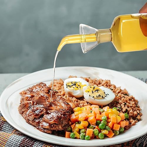 Miniatura 6 de Dispensador de aceite de oliva de vidrio con juego de bandeja de tocador de bambú, botella de aceite sin embudo con vertedores, botella dispensadora