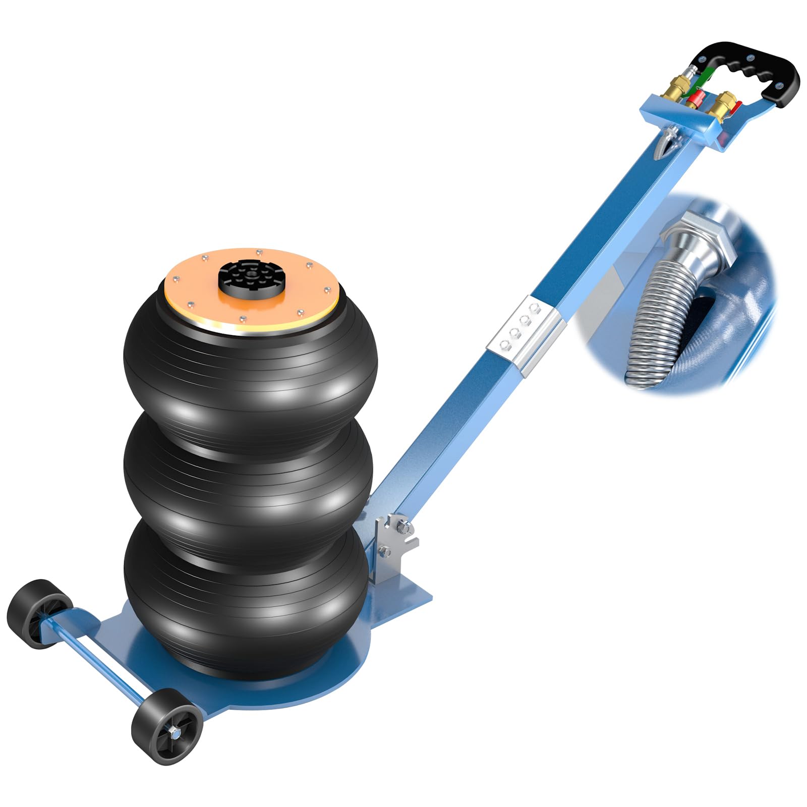Larbanke Cric pneumatique, 3 tonnes/6600 lbs - Cric à 3 sacs gonflables avec colonne surélevée, avec tube d'air protégé par ressort, hauteur de levage jusqu'à 40 cm, avec poignée longue réglable