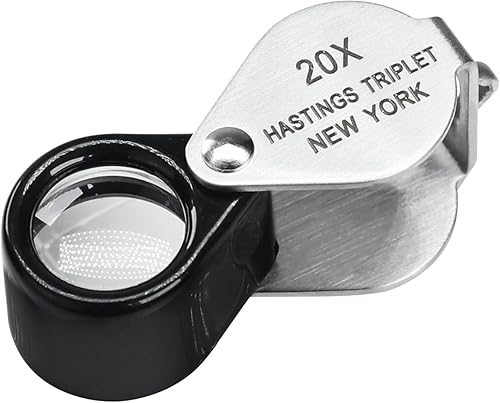 Jewelers - Lupa plegable de 20 unidades, diseño mini de 20 aumentos, lente de cristal óptico, triplete, de acero inoxidable, tamaño de bolsillo,