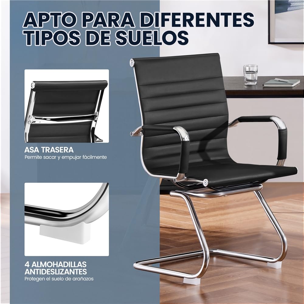 Yaheetech 2 Sillas de Oficina Silla de Recepción Ergonómicas en Negro | Tapizado en Polipiel, Diseño Moderno, Reposabrazos Integrados, Base Metálica, para Oficina, Sala de Espera y Reuniones