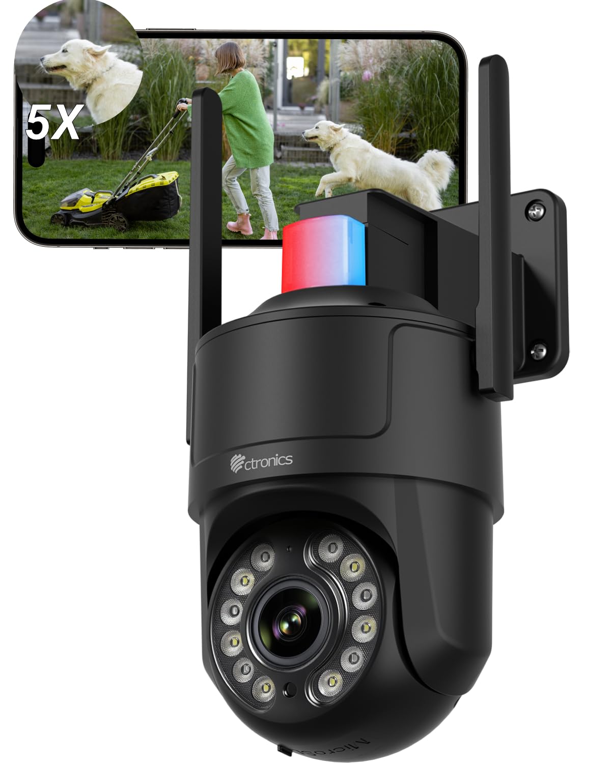 Ctronics 4K Telecamera Esterno con Zoom Ottico 5X,Auto-Tracking, 5G/2,4G | Visione Notturna Colore/IR Starlight 50m, Auto-Tracking, Luce Rossa-Blu & Sirena,Mascheramento Privacy, APP/PC, 256GB/FTP/NAS
